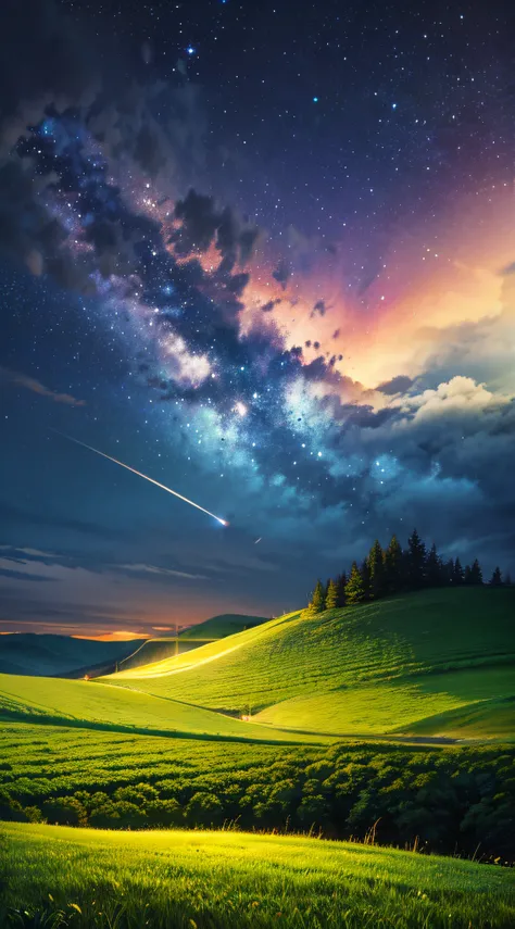 charm natural view, green land, coloful sky with stars, night