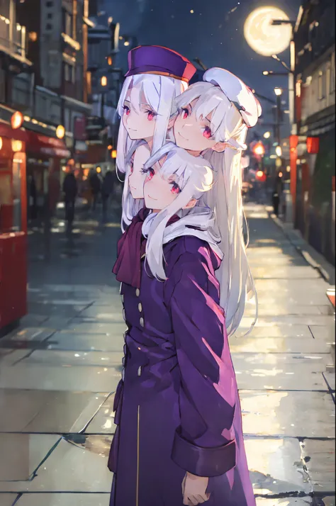 (3heads:1.6), best quality, (masterpiece:1.2), highly detailed,
fate/stay background, night, city, moon,
illyasviel von einzbern ubw,
1girl, solo, standing, looking at the viewer, closed mouth, smile,
long hair, white hair, red eyes,
purple coat, hat, whit...