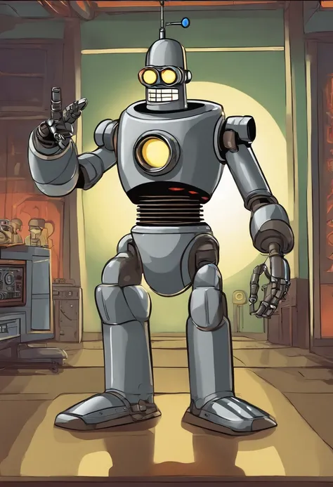 A photo of Bender at a robot dance club,Futurama,He often has a beer and cigar. Being that he is a robot, he doesn’t wear clothes. He is gray and made of simple geometric shapes. His arms are flexible tubes. His body has a "shiny metal ass", two legs, two ...