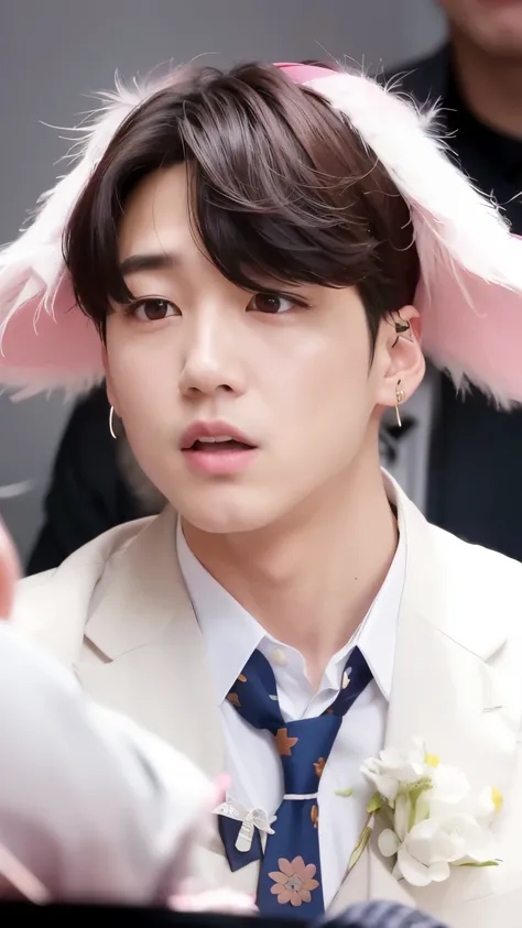 there is a man with a tie and a pink hat, jungkook, wan adorable korean face, cai xukun, jimin, taejune kim, jimins plump lips, park jimin, black haired yoongi, jimins right eyelid swollen, yanjun chengt, innocent look, round ears, accurate jimin face, jim...