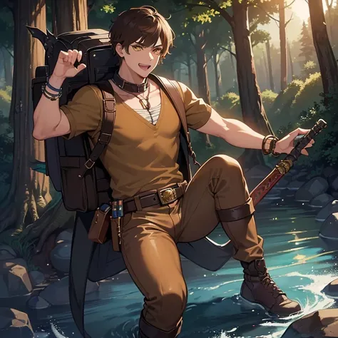 ((1 boy, brown hair, brown pants, no blouse, a bracelet on his arms, a backpack on his back, with a boot, a belt with a sword)),((muscle)),((yellow eyes, happy face )),((attacking a monster, killing a monster in a river in the haunted forest at night)),