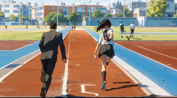 on the school track，A girl in school uniform holds a boy&#39;s hand&#39;Run forward，Back view 2d style