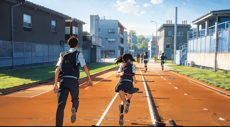 on the school track，A girl in school uniform holds a boy&#39;s hand&#39;Run forward，Back view 2d style