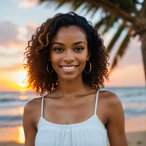 (straight most of the body: 1.4), RAW UHD portrait photo of a 60-year-old cubana! colored girl, mulatta, (green-eyed woman), dancing along the beach in sunset, palm trees, slim body, dance pose, white blouse, red short skirt, details (textures! curly very ...