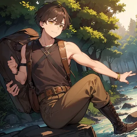 ((1 boy, brown hair, brown pants, no blouse, a bracelet on his arms, a backpack on his back, with a boot, a belt with a sword)),((muscle)),((yellow eyes, happy face )),((attacking a user, killing a user in a river in the haunted forest at night)),