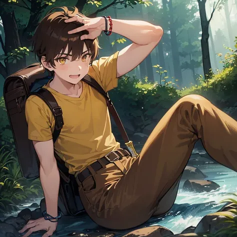 ((1 boy, brown hair, brown pants, no blouse, a bracelet on his arms, a backpack on his back, with a boot, a belt with a sword)),((muscle)),((yellow eyes, happy face )),((attacking a user, killing a user in a river in the haunted forest at night)),