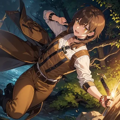 ((1 boy, brown hair, brown pants, no blouse, a bracelet on his arms, a backpack on his back, with a boot, a belt with a sword)),((muscle)),((yellow eyes, happy face )),((attacking a user, killing a user in a river in the haunted forest at night)),