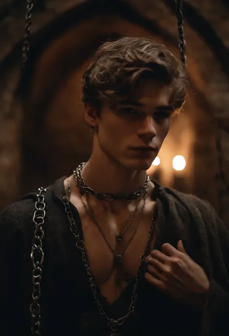 Handsome 16yo lean skinny slender shirtless french guy in a medieval dungeon tied up with chains. Wearing medieval torn clothes.