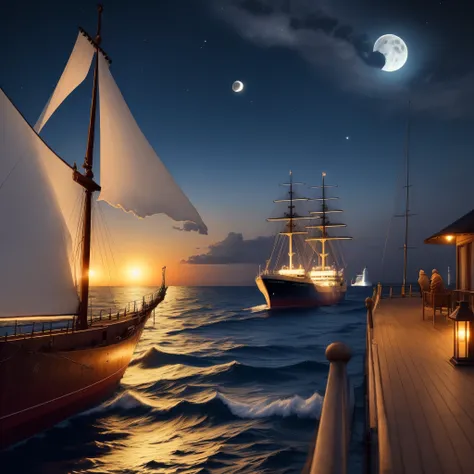 Generate a photo that shows the Sea with ships sailing under the cover of night and the Moon shining on them