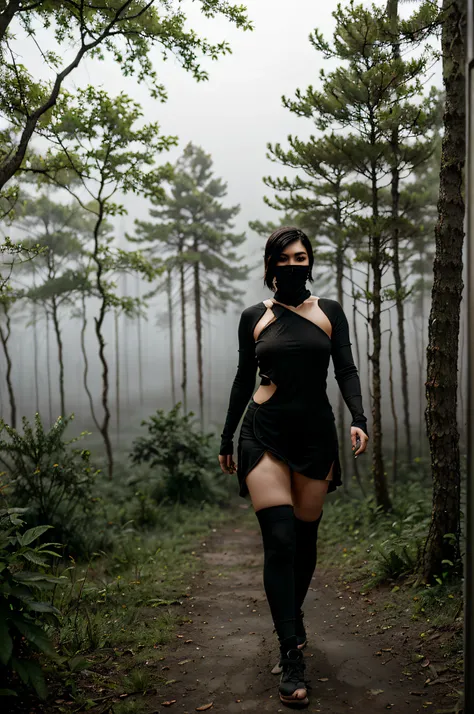 Akali, in the midst of a dense, mystical fog-filled forest, her figure barely visible, creating an air of suspense and danger. The fog plays with the shadows of her ninja outfit, revealing glimpses of her intensity. The environment is rich with ancient tre...