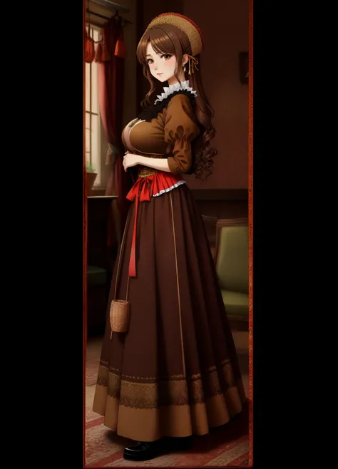 Traditional costumes　huge tit　brownish colors　a beauty girl　anime illustrated