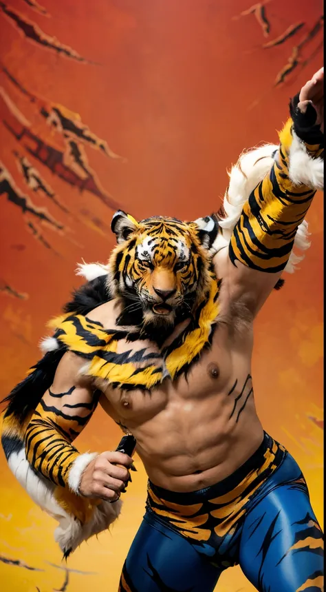 a tiger man, a hybrid creature with the head and fur of a tiger and the body of a human, wears a tiger skin pattern cloak on back and blue and black wrestler pants, running toward camera, red and yellow pattern background, inspired by the fantasy art of Bo...