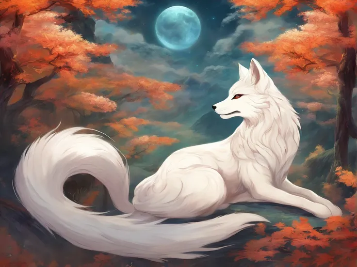 "kyuubi, white fox, nine tails fox, beautiful detailed eyes, detailed fur texture, elegant pose, vibrant colors, ethereal lighting, Japanese mythology, fantasy art, traditional painting, high resolution, professional quality"