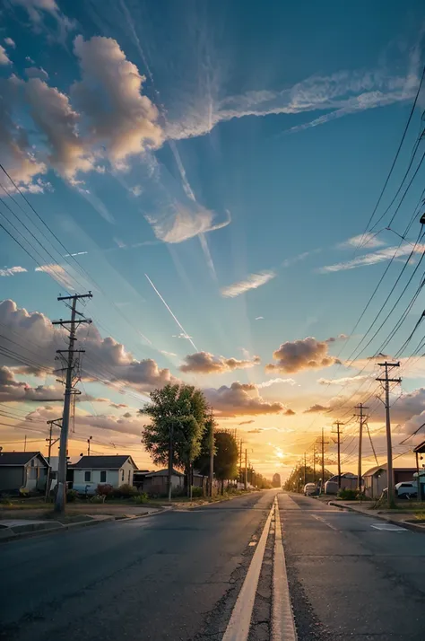 no people, scenery, cloud, sky, reflection, outdoors, sunset, caption, cloudy sky, sign, power pole, sparse very small houses, power lines, road sign, blue sky, street of a small township in northern usa, many trees, green grass, horizon, sunset, landscape...