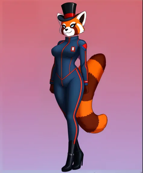 The Wanderer the female red panda supervillain, UK themed colors on her supersuit, top hat, full body view