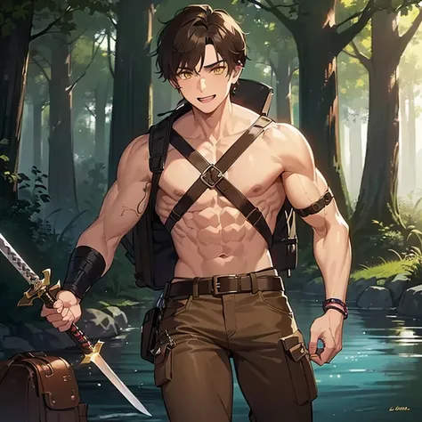 ((1 boy, brown hair, brown pants, no shirt, a bracelet on his arms, bionic left arms, a backpack on his shoulders, with a boot, with a belt with a sword)),((muscle)),(( yellow eyes, happy face)),((attacking a user, killing a user in a river in the haunted ...