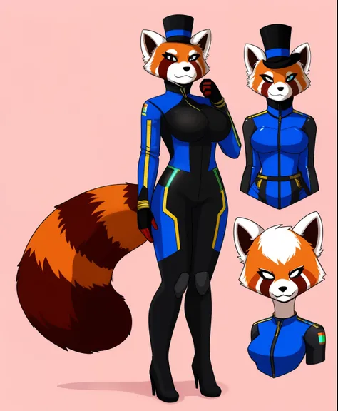 The Wanderer the female red panda supervillain, UK themed colors on her supersuit, top hat, full body view