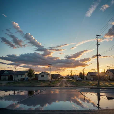 no people, scenery, cloud, sky, reflection, outdoors, sunset, caption, cloudy sky, sign, power pole, sparse very small houses, power lines, road sign, blue sky, street of a small township in northern usa, many trees, green grass, horizon, sunset, landscape...