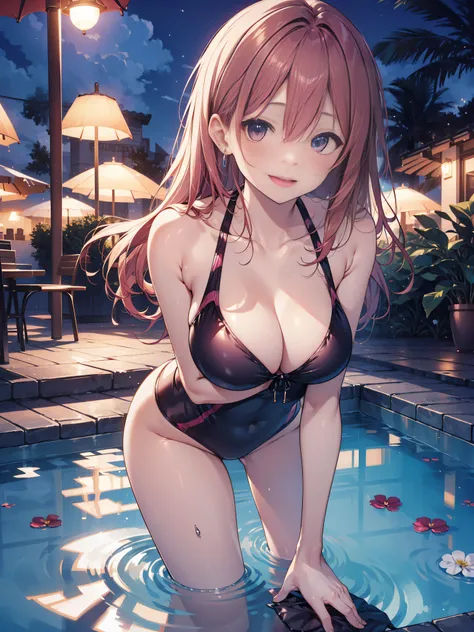 The ultra -The high-definition、high-level image quality、top-quality、Full feet and hands、complete fingers、Beautuful Women１a person、ssmile、pink sexy swimsuit、sprawl、Night Pool、Soft breasts、Shy laughter、sexy  pose、(all-fours)、Poses that emphasize breasts