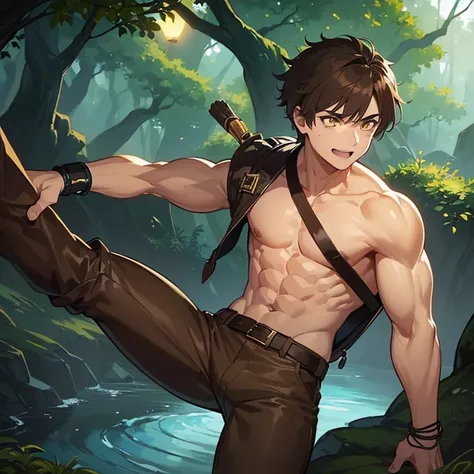 ((1 boy, brown hair, brown pants, no shirt)),((a bracelet on his arms, bionic left arms)), a backpack on his shoulders, with a boot, with a belt with a sword)),((muscle)),(( yellow eyes, happy face)),((attacking a user, killing a user in a river in the hau...