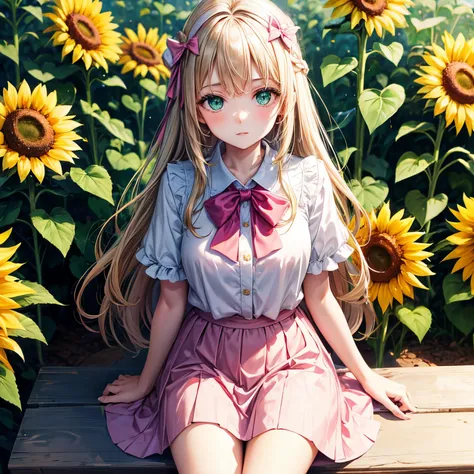 Girl, fair skin, long hair, green eyes, white blouse, pink skirt, a bow in her hair, she is sitting on top of a large sunflower