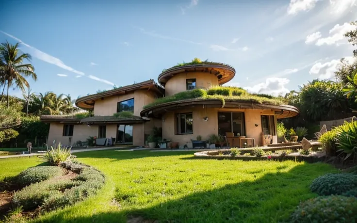 A photograph of a symmetrical a splendid contemporary house with (((waved green roof))) and (((biological pool))) in a tropical backyard, mustard yellow terracota plaster walls (((rustic clay stucco))), ((corner walls rounded)), ((rustic clay plaster)), ((...