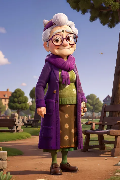 masterpiece, best quality, an old woman with glasses and a scarf on, wearing a purple coat and green scarf, standing at the park