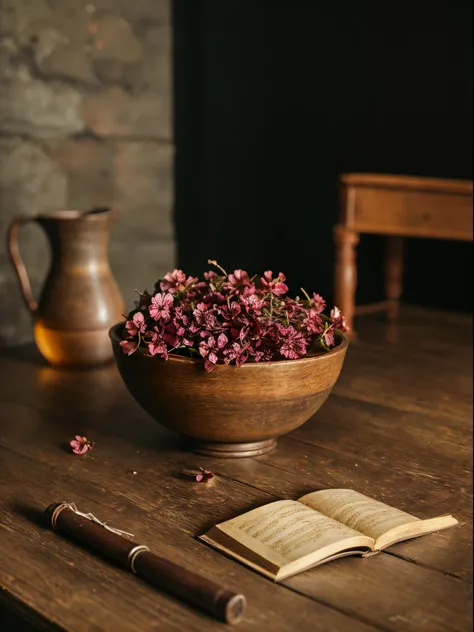 a bowl of fruits, a Stradivari violin, an old book, a candlestick, withering flowers, are on an old wooden table,  ((objects in realistic scale)), close-up photo, RAW,  8k, uhd, perfect angle, outstanding details, ultra high resolution, (realism: 1.6),  fa...