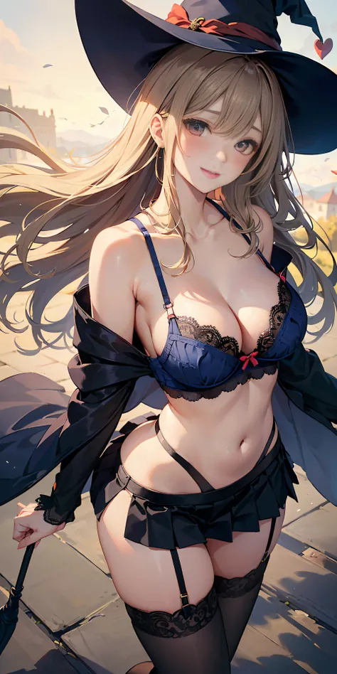 Adult Woman, Sexy Witch Cosplay, Long dark blonde wavy hair、off-shoulder knit, (darkblue pleated skirt), big hat、Medium milk, Blushing, Shy laughter, Bare shoulders、(Pose to lean forward and emphasize the chest)、(turned around)、sexy hips、sexy black and red...