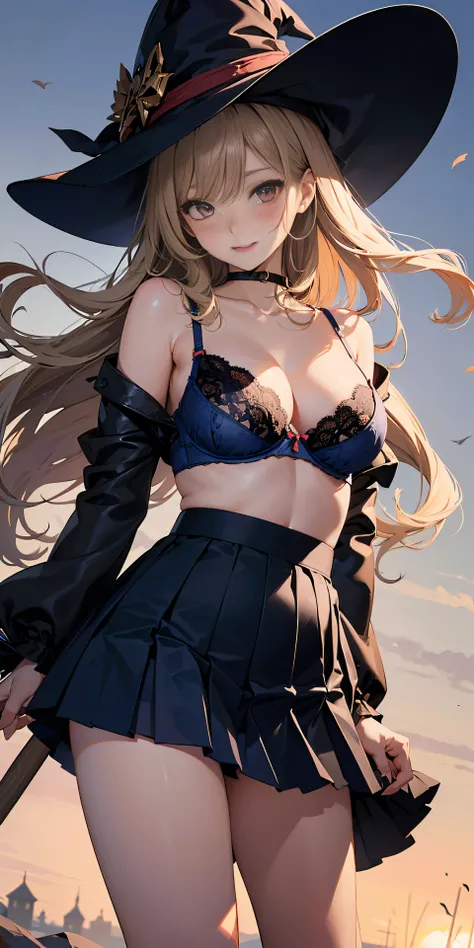 Adult Woman, Sexy Witch Cosplay, Long dark blonde wavy hair、off-shoulder knit, (darkblue pleated skirt), Big hat、Medium milk, Blushing, Shy laughter, Bare shoulders、(Pose to lean forward and emphasize the chest)、(turned around)、sexy hips、sexy black and red...