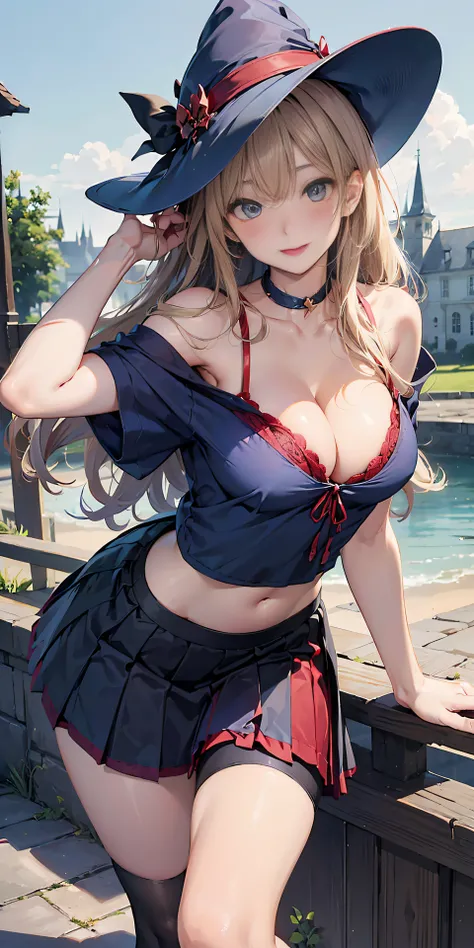 Adult Woman, Sexy Witch Cosplay, Long dark blonde wavy hair、off-shoulder knit, (darkblue pleated skirt), Big hat、Medium milk, Blushing, Shy laughter, Bare shoulders、(Pose to lean forward and emphasize the chest)、(turned around)、sexy hips、sexy blue and red ...