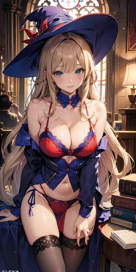 Adult Woman, Sexy Witch Cosplay, Long dark blonde wavy hair、off-shoulder knit, (pencil skirts), Big hat、Medium milk, Blushing, Shy laughter, Bare shoulders、(Pose to lean forward and emphasize the chest)、(turned around)、sexy hips、sexy blue and red bra、((blu...