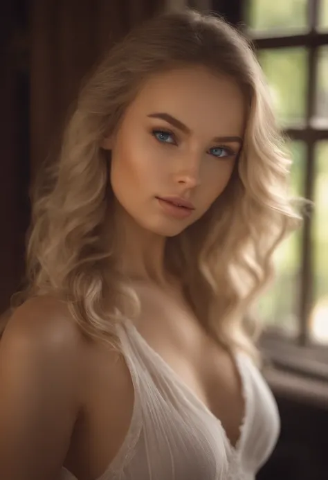 arafed woman fully , sexy girl with blue eyes, ultra realistic, meticulously detailed, portrait sophie mudd, blonde hair and large eyes, selfie of a young woman, bedroom eyes, violet myers, without makeup, natural makeup, looking directly at the camera, fa...