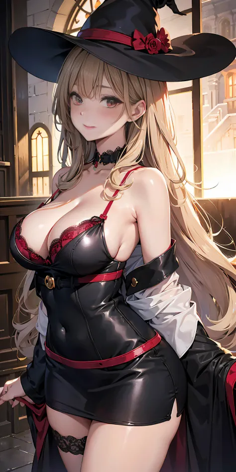 Adult Woman, Sexy Witch Cosplay, Long dark blonde wavy hair、off-shoulder knit, (Black Mini Pencil Skirt), Big hat、Medium milk, Blushing, Shy laughter, Bare shoulders、(Pose to lean forward and emphasize the chest)、(turned around)、sexy hips、sexy black and re...