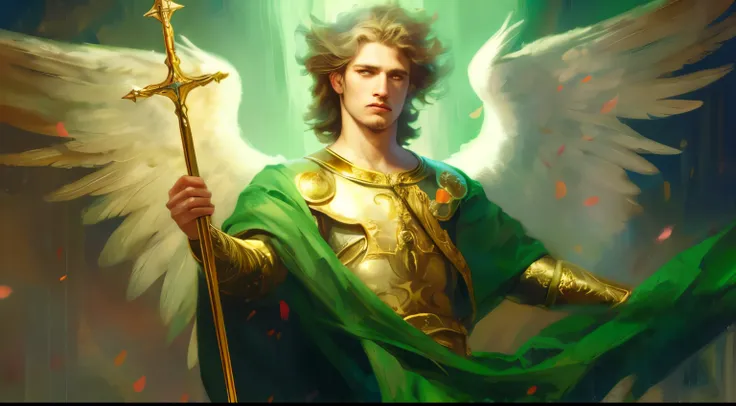 uma pintura de um homem vestido de verde segurando uma espada, Arcanjo Miguel, arcanjo, Directed by: Roman Bezpalkiv, saint michael the angel, Directed by: Aleksander Gierymski, Stanley Artgerm Lau, cheio de pinturas de anjos, Directed by: Arthur Pan, Dire...