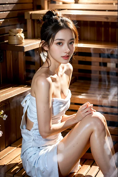 (1woman solo):1.5, (sauna:1.3), (fullbody:1.3), (bun hair, dark brown hair), (top-quality, photorealsitic:1.4, masterpiece:1.3, ...