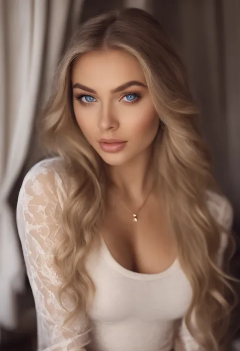 arafed woman fully , sexy girl with blue eyes, ultra realistic, meticulously detailed, portrait sophie mudd, blonde hair and large eyes, selfie of a young woman, bedroom eyes, violet myers, without makeup, natural makeup, looking directly at the camera, fa...