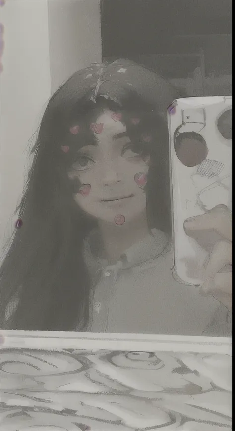 there is a woman taking a selfie in the mirror with hearts on her face, imagem frontal, imagem de qualidade muito baixa, foto muito precisa, detailed unblurred face, fotografia de baixa qualidade, dessaturados!!, foto de baixa qualidade, filtro assustador,...