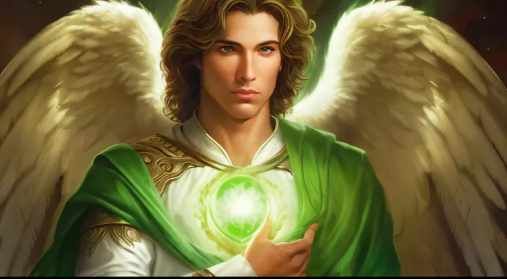 um close de uma pessoa segurando uma bola verde com asas, angel spirit guide, ser angelical brilhante, arcanjo, Arcanjo Miguel, O Arauto Esmeralda, elfo masculino bonito, Directed by: Anne Stokes, de anjo lindo, Anjo majestoso de corpo inteiro, Um Anjo da ...