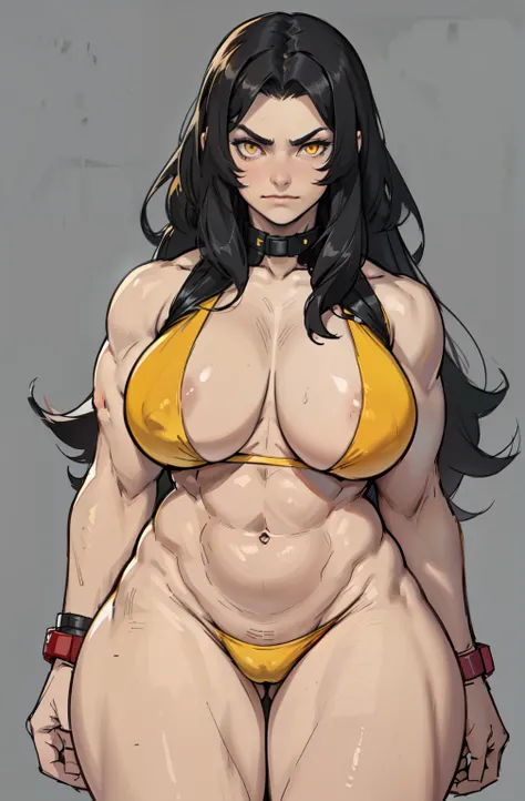 ((((muscular girl thick thighs huge breasts)))) black hair yellow eyes pale skin waistup frowning UHD 16k best quality wide hips long hair (grey background)