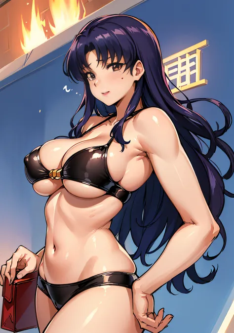 (masutepiece),(Best Quality), Katsuragi Misato, 、Colossal tits、Big breasts、((Smaller head)）、1 female、Urban streets、black leather underwear、With your back turned、Turned、Big ass，Huge breasts，Textured skin、extremely detailed eye and face、beatiful detailed eye...