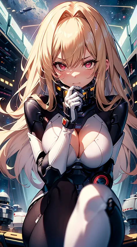 top-quality、Top image quality、​masterpiece、Mecha Girl((18year old、Robot joints,Black tights,Bust 100、a blond、close to viewer、gazing at viewer、Chest energy、Breasts wide open,Reaching out、red eyes、Shy face、Dye cheeks)）hiquality、depth of fields、Background wit...