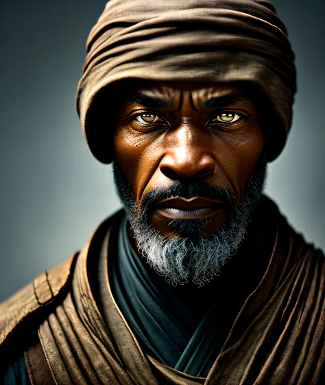 an old mulatto jedi knight, 40 years old, strength and determination in his eyes, looking at the 50 mm camera, diffused light, rebellious republic environment, award-winning magazine cover photo, hyper detailed