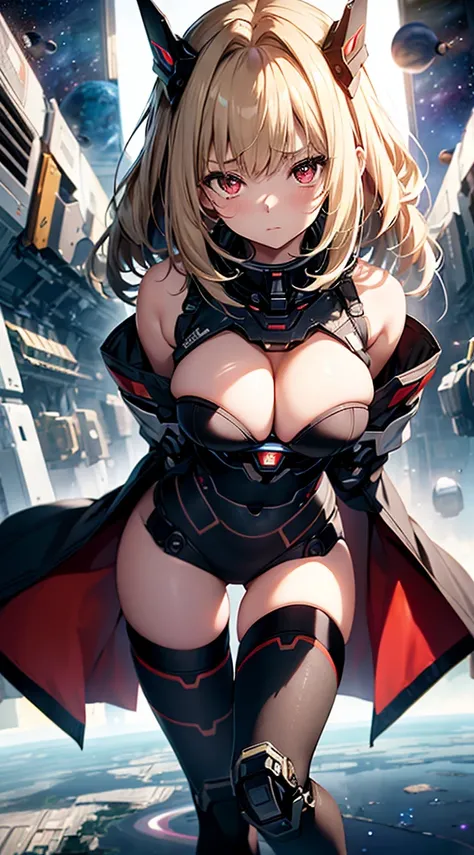 top-quality、Top image quality、​masterpiece、Mecha Girl((18year old、Robot joints,Black tights,Bust 100、a blond、close to viewer、gazing at viewer、Chest energy、Breasts wide open,Reaching out、red eyes、Shy face、Dye cheeks)）hiquality、depth of fields、Background wit...