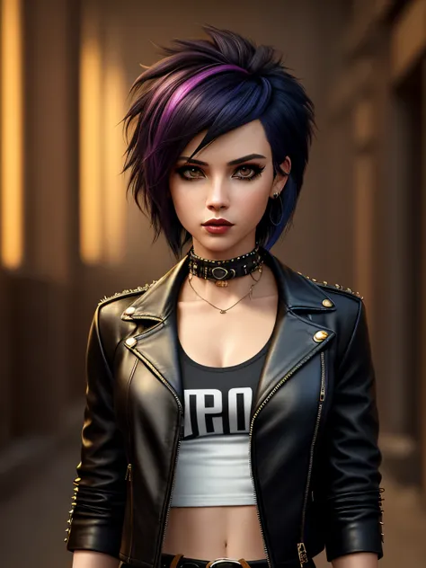 (pixarstyle) a waist-length portrait of a punk girl in a leather jacket, bob hairstyle, choker, natural skin texture, 4k textures, hdr, intricate, highly detailed, sharp focus, cinematic look, hyperdetailed