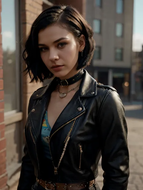 (pixarstyle) a waist-length portrait of a punk girl in a leather jacket, bob hairstyle, choker, natural skin texture, 4k textures, hdr, intricate, highly detailed, sharp focus, cinematic look, hyperdetailed