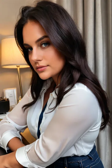 (a woman with an average body and plus size). (brown, dark black, long and wavy hair, thrown to the side). She is 30 years old. ((She wears an elegant white blouse and navy blue jeans)). well-groomed and realistic hands. She is in a modern and elegant offi...