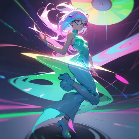 Anime style, 3 discos de neon flutuantes em ambiente branco iluminado, on top of the floating discs young punk women dance, they wear holographic clothes, holographic futuristic glasses, Random ethnicity