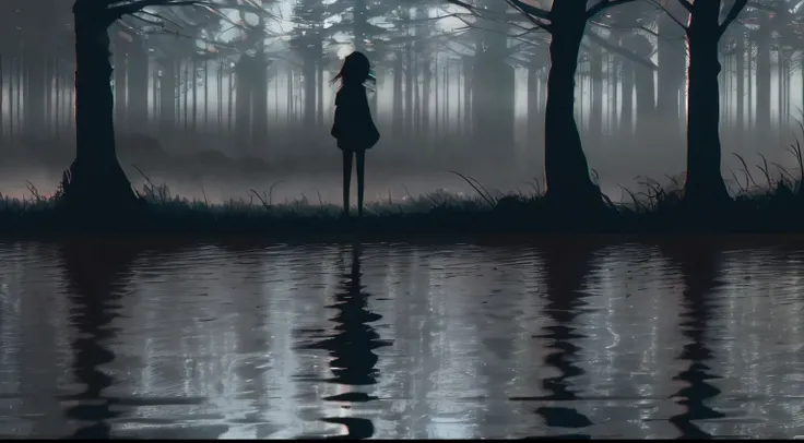 anime, (silhouette:1.2) ,1girl, slate gray color forest ambience, slate gray foggy, (slate gray theme color:1.2), (hex color #708090)