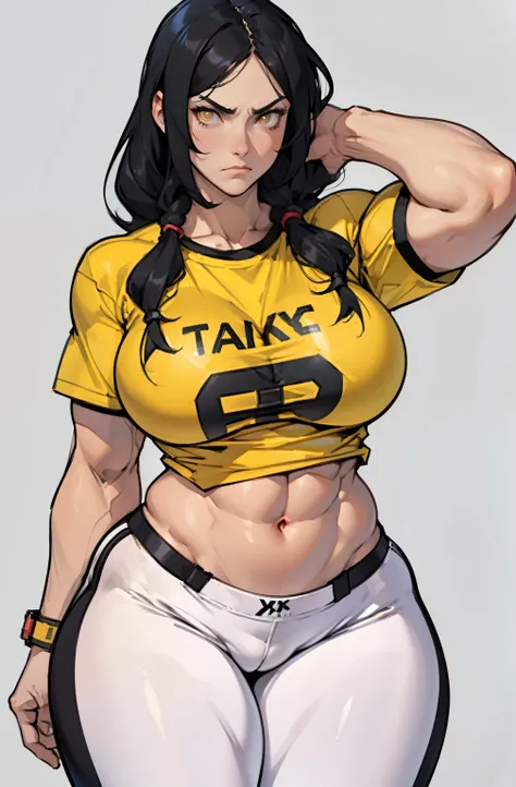 (((muscular girl huge breasts))) black hair yellow eyes pale skin waistup frown UHD 16k best quality wide hips tight t-shirt simple background